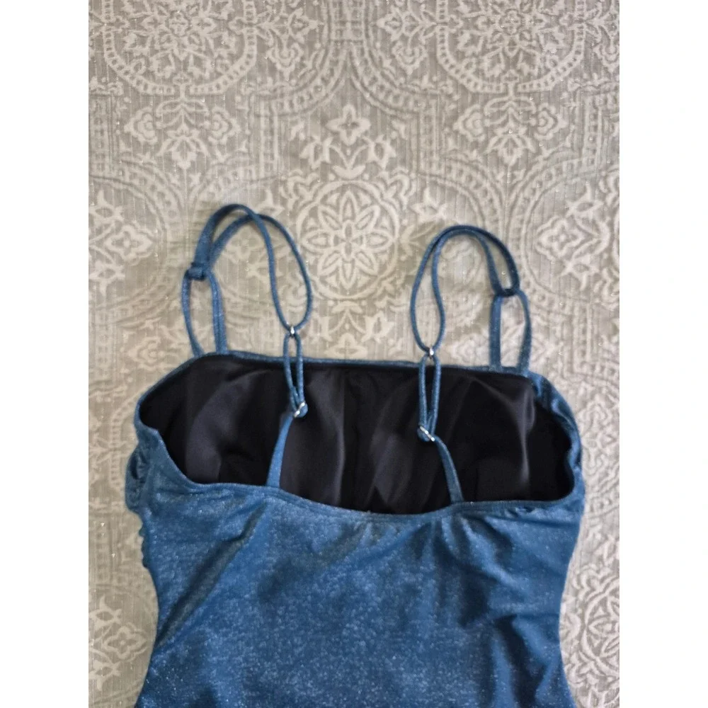 Cupshe Blue‎ Glitter Ruched One Piece Swimsuit Shimmer Square Neck Large